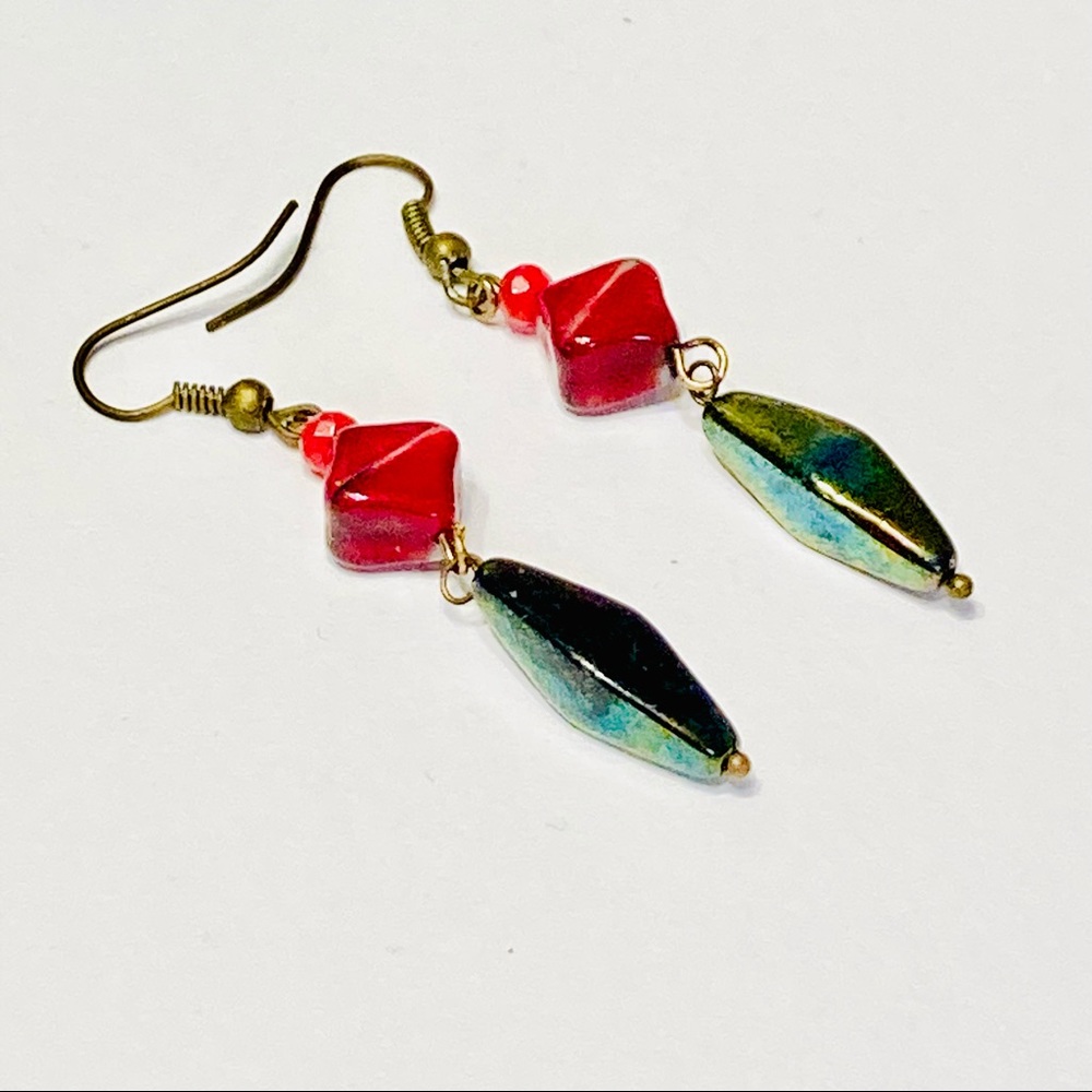Red Lanterns & Elongated Bi-cone Gasoline Glass Bohemian Earrings